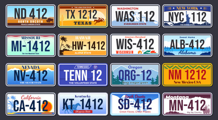 Vehicle registration numbers in the USA. Abstract beautiful license plates for different states of America. Vector illustration