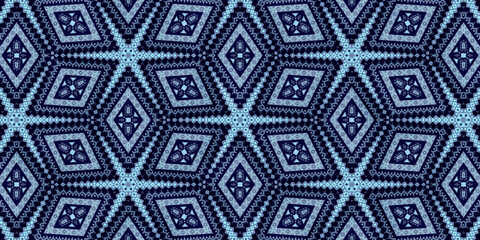 Textured African fabric. Geometric pattern (diamond shapes). Colored and seamless design. Light blue and navy blue colors. Illustration