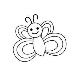Smiling butterfly. Coloring page. Black and white butterfly. Vector