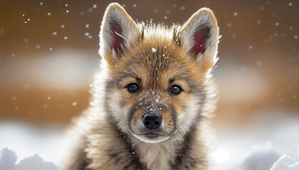 Obraz premium Cute wolf baby puppy playing in winter snow, generative ai