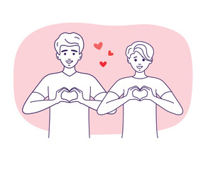 Young man and woman making heart shape with hands. Love and Valentine's day concept. Vector illustration.