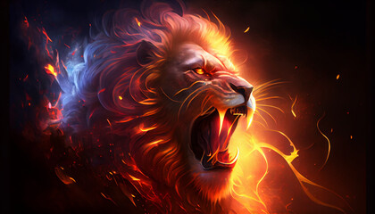 Roaring mighty fantasy lion with flames and glowing around, generative ai