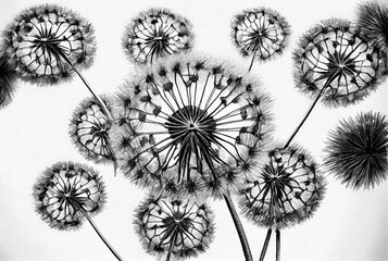 Black white watercolor sketch dandelions with flying seeds close-up. Generative AI