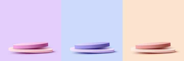 Set of 3D realistic pink, blue, yellow podium pedestal stand on pastel color minimal background