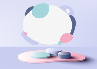 3D products display grouop of podium stand pedestal with liquid elements backdrop on soft purple background