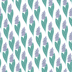 Purple flowers background with sea green leaves, pastel colors seamless pattern. Decorative background for wrapping paper, wallpaper, textile, greeting cards and invitations.