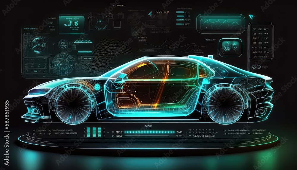 Poster hologram auto in hud ui style. futuristic car service. ai