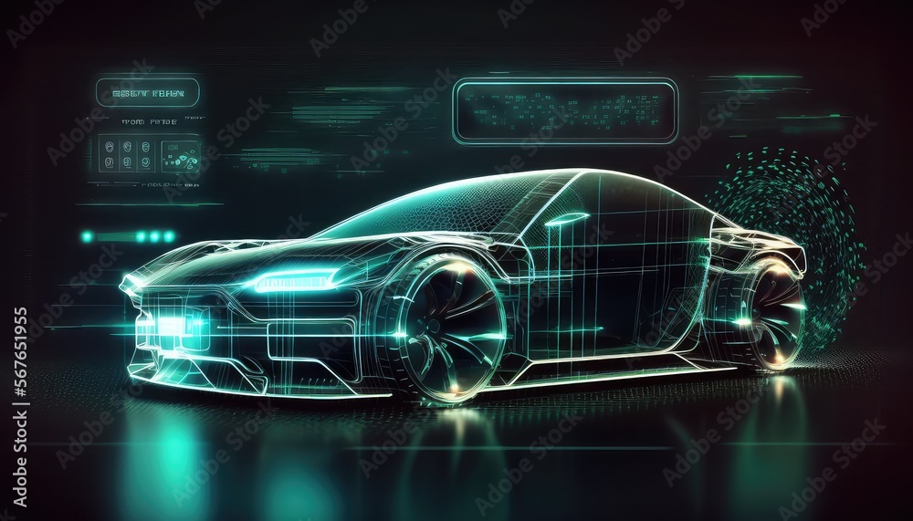 Poster hologram auto in hud ui style. futuristic car service. ai