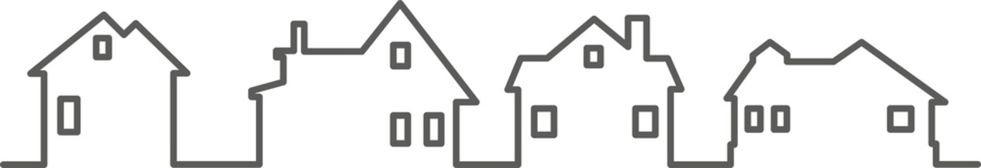 Neighborhood houses outline panoramic landscape. Continuous one line buildings drawing silhouette. Minimalistic illustration.
