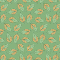 Green and yellow background with leaves. Decorative seamless pattern for wrapping paper, wallpaper, textile, greeting cards and invitations.