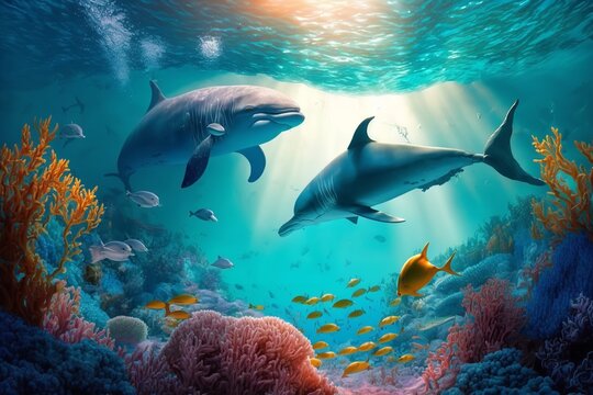 Dolphins and a reef undersea environment. electronic collage images as wallpaper. Generative Ai.