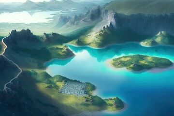 Lake and mountain Landscape. Landscape Painting. Generative AI.