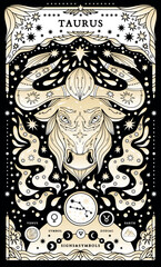 Fototapeta na wymiar Taurus sign of the zodiac. Modern magical astrological map. Magical girl, stars, moon, constellation, hand-drawn signs. Vector illustration