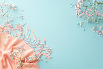 Hello spring concept. Top view photo of pink and blue gypsophila flowers and soft scarf on isolated...