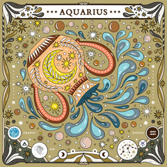 Aquarius sign of the zodiac. Modern magical astrological map. Magical girl, stars, moon, constellation, hand-drawn signs. Vector illustration