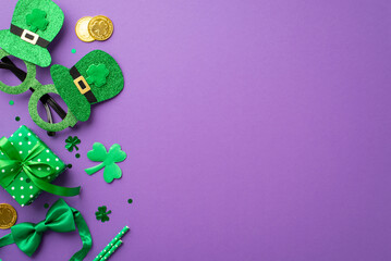 St Patrick's Day concept. Top view photo of party accessories small giftbox green hat shaped...