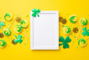 Saint Patrick's Day concept. Top view photo of empty photo frame clovers meringue candies sprinkles...