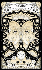 Gemini sign of the zodiac. Modern magical astrological map. Magical girl, stars, moon, constellation, hand-drawn signs. Vector illustration