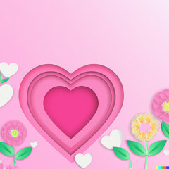 Paper Cut Love Heart and Flowers Valentine's Day Background Created with generative AI technology