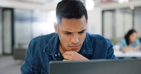 Thinking, confused and man at laptop writing notes for project planning at web design company....