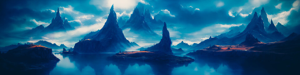 Fototapeta na wymiar Fantasy landscape painting of ominous mountains, rivers. Dark, dangerous atmosphere. Generative AI