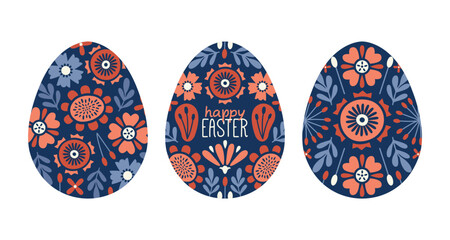 Set of ornamental Easter eggs. Flower pattern in shape of egg for design of card, banner, invitation, sticker. Modern flat illustration with text 