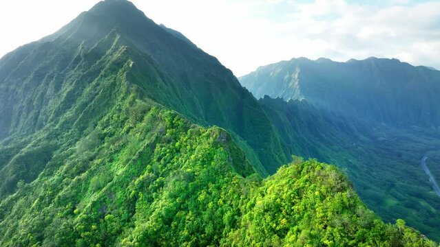 Drone Hawaii. Pali Lookout, Aerial view of Oahu windward side. scenic panoramic view of green valley and cliff mountain. tourism destination.