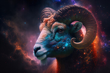Aries Zodiac Sign, Horoscope Symbol, Magic Astrology Aries in Fantastic Night Sky, Generative AI Illustration