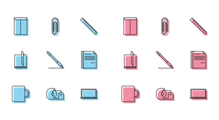 Set line Coffee cup, Scotch, Envelope, Laptop, Pen line, File document, and Paper clip icon. Vector
