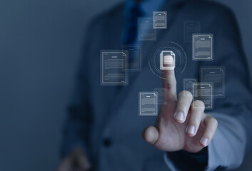 Businessman hand showing electronic document. paperless office