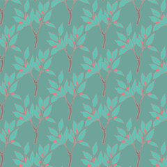Sea green background with bushes with berries, seamless pattern. Decorative background for wrapping paper, wallpaper, textile, greeting cards and invitations.