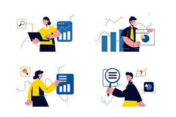 Searching opportunities concept with people four scenes in the flat cartoon style. Different employees are looking for the same opportunities for further work.