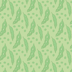 Green peas background in green colors with pods, seamless pattern. Decorative background for wrapping paper, wallpaper, textile, greeting cards and invitations.