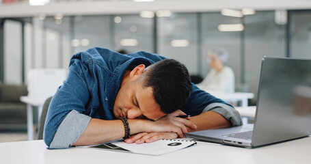 Fototapeta na wymiar Businessman, yawning or desk sleeping in modern office, digital marketing startup or advertising branding company. Tired, fatigue or exhausted creative designer and laptop technology or bored burnout