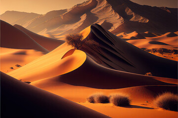 Sandy Desert Landscape, Sand, Dune, Generative Ai Illustration