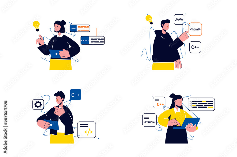 Aufkleber Programming working concept with people four scenes in the flat cartoon style. Programmers make every effort to write correct code for a program.