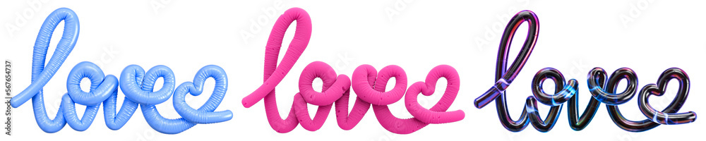 Wall mural set with the words love. colorful text with holographic, inflatable and foam rubber effects. valenti