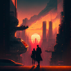 Love couple on a cyberpunk valentine's sunset. Futuristic cityscape. Generative AI red tones.