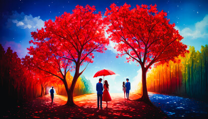 Fototapeta premium Loving couple travels the world in colorful, lush landscape. Vibrant trees, scenic journey. Generative AI