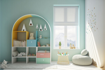 Happy and Bright Children's Room and window Design interior. Empty wall mockup, Generative AI