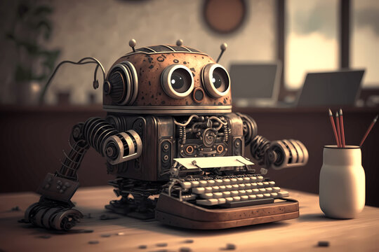 Copy writing using Artificial Intelligence ChatGPT illustration with Robot type writer machine helping automation and generating content writing text for search engine optimization. Generative AI