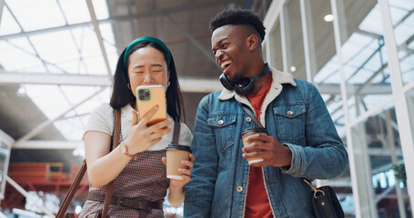 Shopping mall, smartphone and couple of friends on social media, website or blog for discount,...