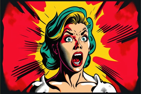 Pop Art Angry Woman vindicating something. Colorful illustration. Generative AI