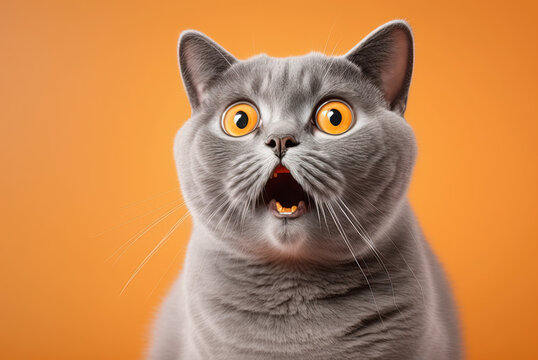 Funny british shorthair cat portrait looking shocked or surprised on orange background. Generative AI.