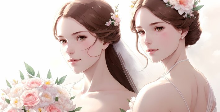 Young wedding couple wearing a stunning dress with elegant floral designs clipped into the hair, made with generative ai