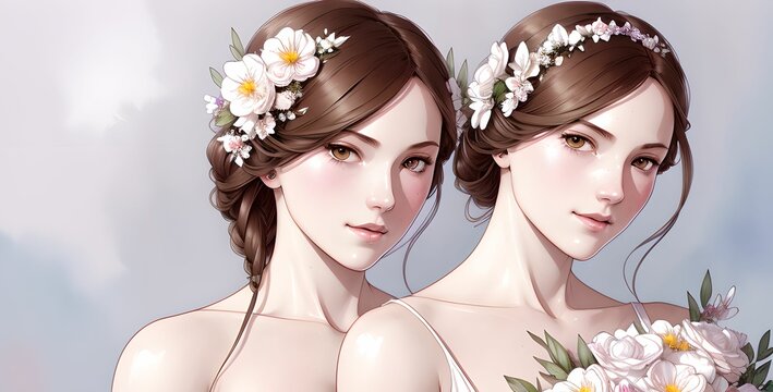 Two beautiful young women with flowers in their hair, attending a wedding, made with generative ai
