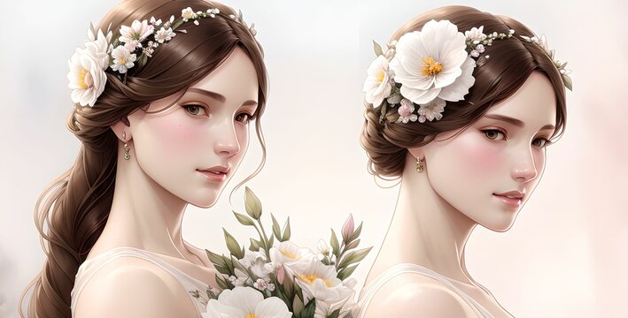 Two beautiful bridemaids with stunning floral embroidery in their hair, with one of them holding a bouquet of flowers, beautiful wedding day, made with generative ai