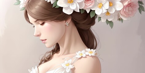 Young female bride wearing a beautiful dress with embroided flowers and beautiful floral design embroidery in her hair on a watercolor background, made with generative ai