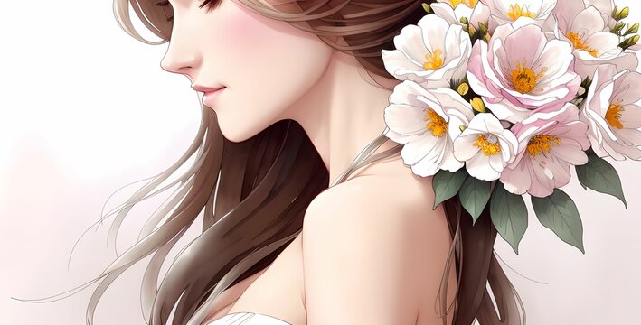 Close up of a stunning young woman with beautiful wave hair and floral embroidery in her hair, wide and elegant wallpaper, fashion, made with generative ai