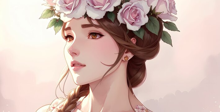 Beautiful young woman with astounding floral embroided hair, attending wedding event, on watercolor background, made with generative ai